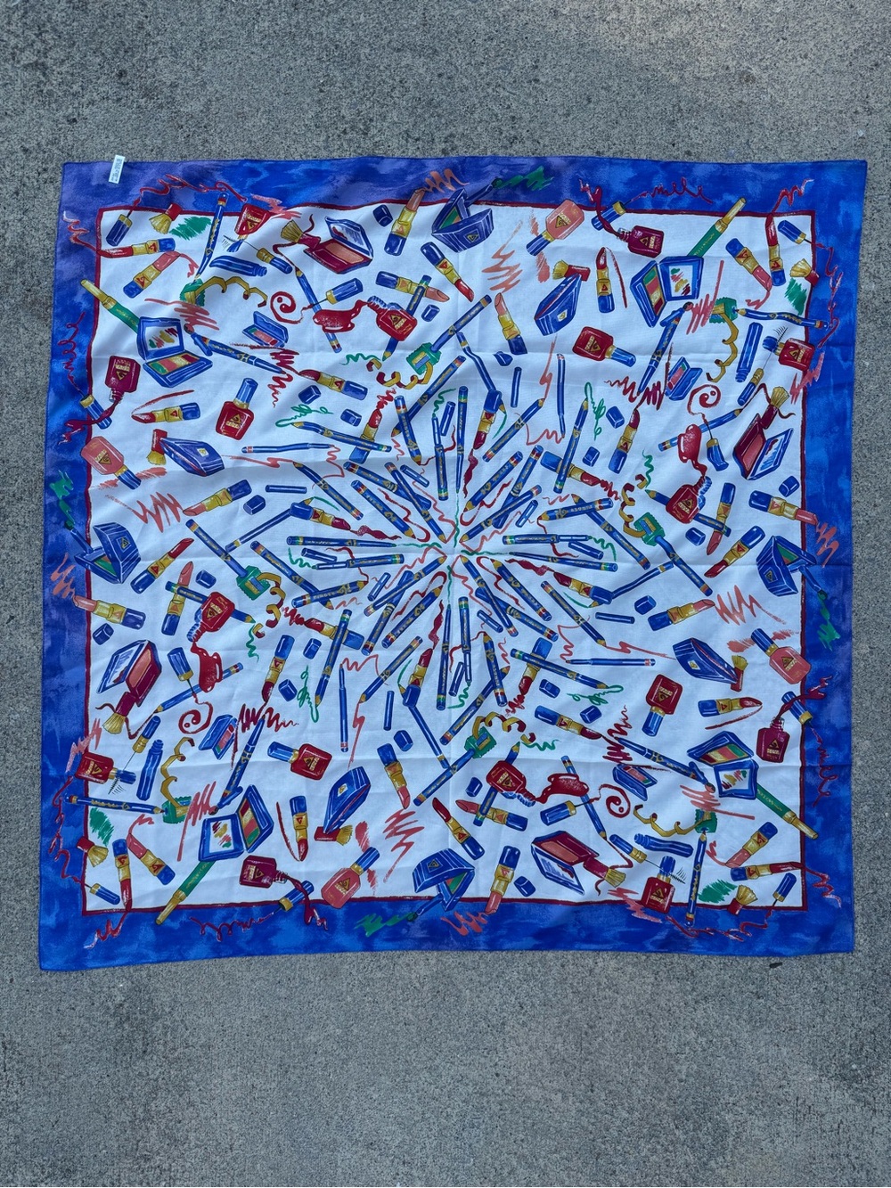 Vintage Avon Scarf 34” Makeup Cosmetics Lipstick Novelty Print Blue Maximalism